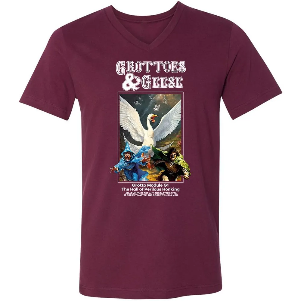 Grottoes & Geese Unisex V-Neck T-Shirt - Maroon - 6