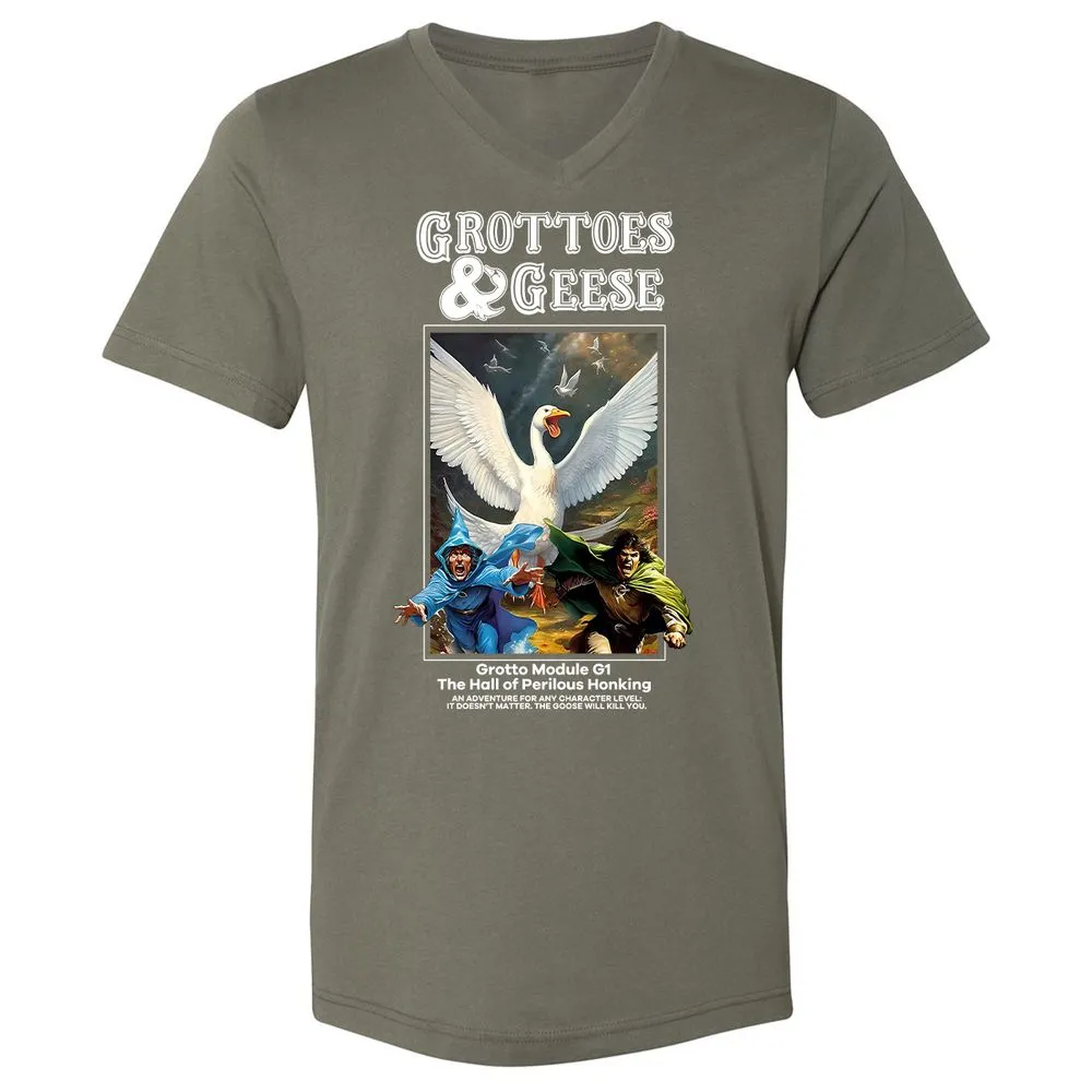 Grottoes & Geese Unisex V-Neck T-Shirt - Military Green - 10