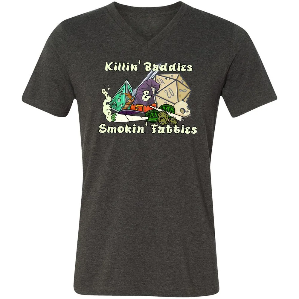 Killin' Baddies Smokin' Fatties Unisex V-Neck T-Shirt - Dark Grey Heather - 8