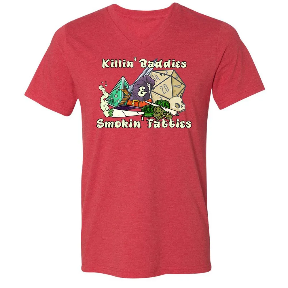 Killin' Baddies Smokin' Fatties Unisex V-Neck T-Shirt - Heather Red - 5