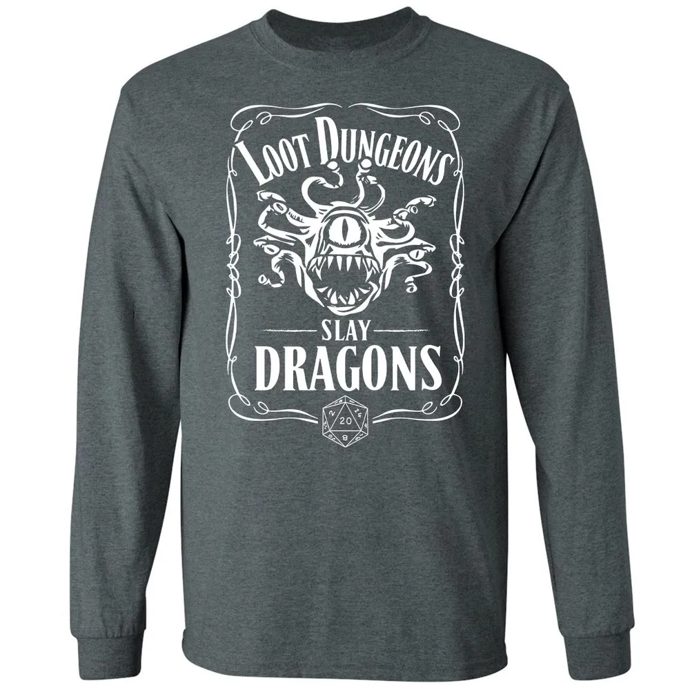 Loot Dungeon Slay Dragons Long Sleeve T-Shirt - Dark Heather - 15