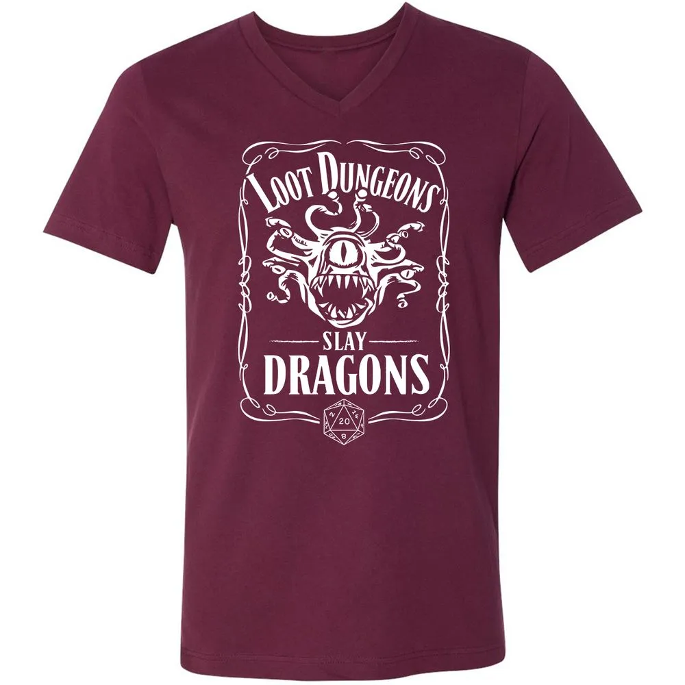 Loot Dungeon Slay Dragons Unisex V-Neck T-Shirt - Maroon - 6