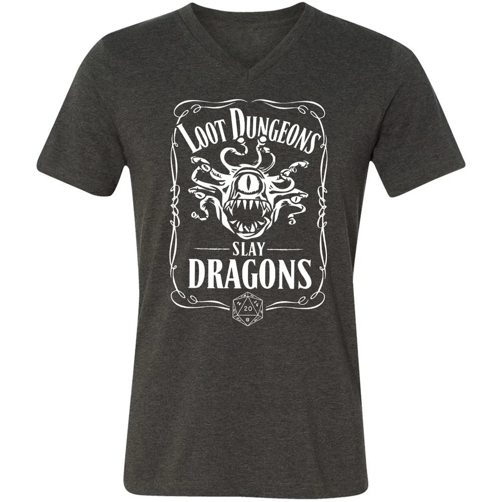 Loot Dungeon Slay Dragons Unisex V-Neck T-Shirt - Dark Grey Heather - 8