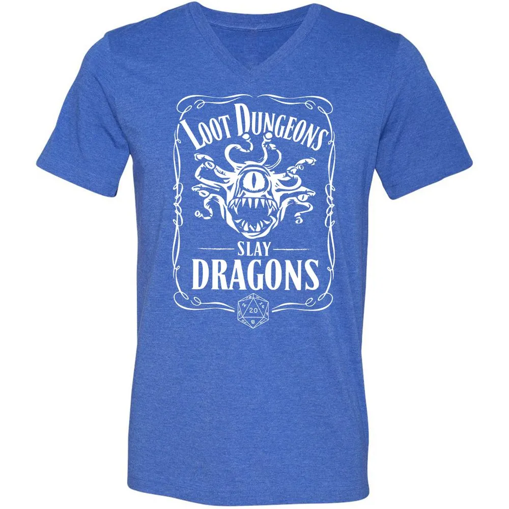 Loot Dungeon Slay Dragons Unisex V-Neck T-Shirt - Heather True Royal - 14