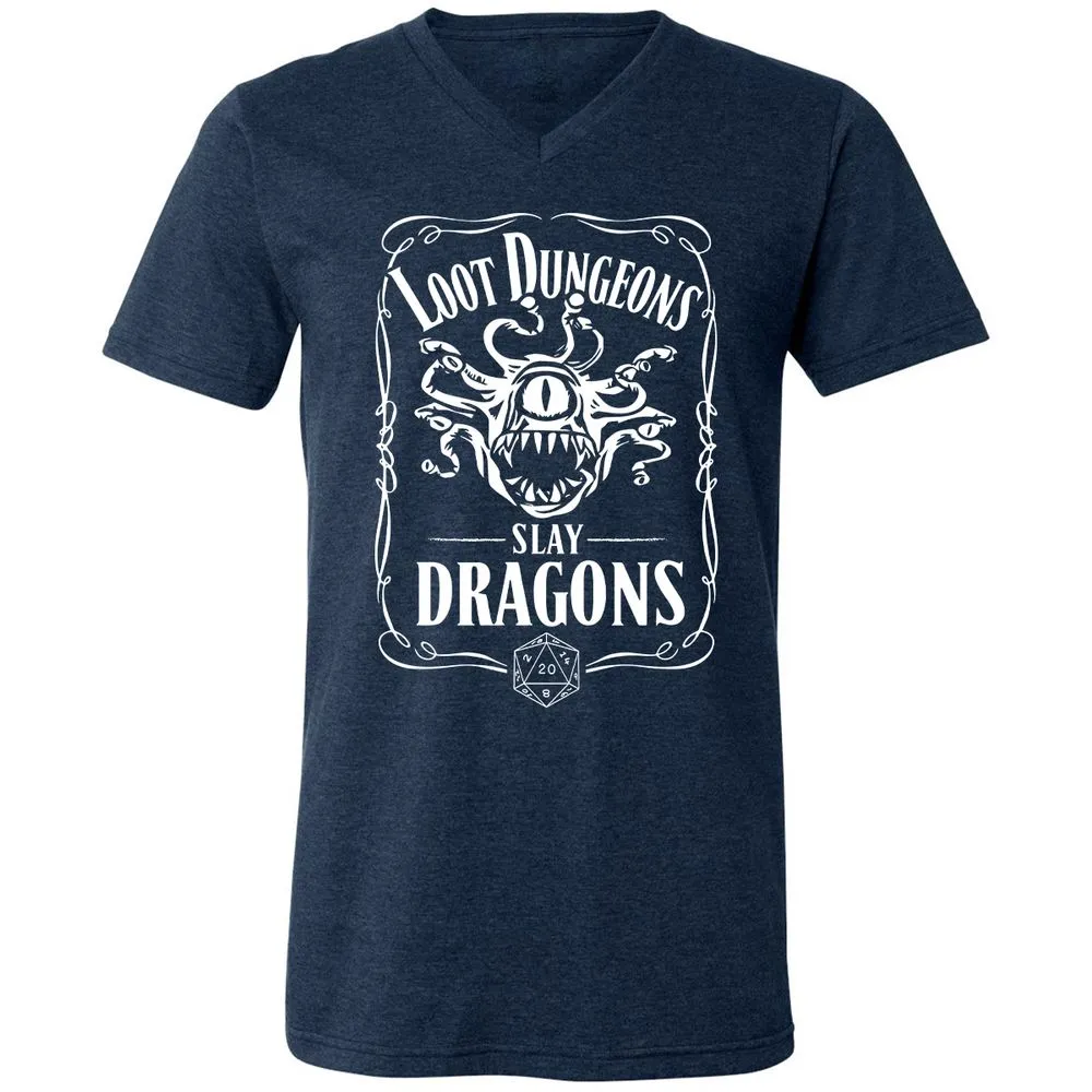 Loot Dungeon Slay Dragons Unisex V-Neck T-Shirt - Heather Navy - 15