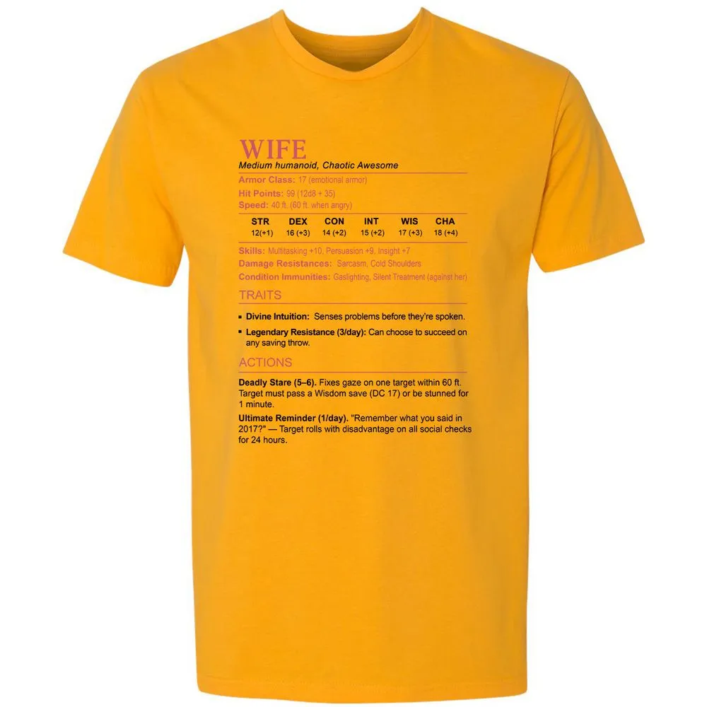 Wife Stats 2 Premium Unisex T-Shirt - Gold - 12