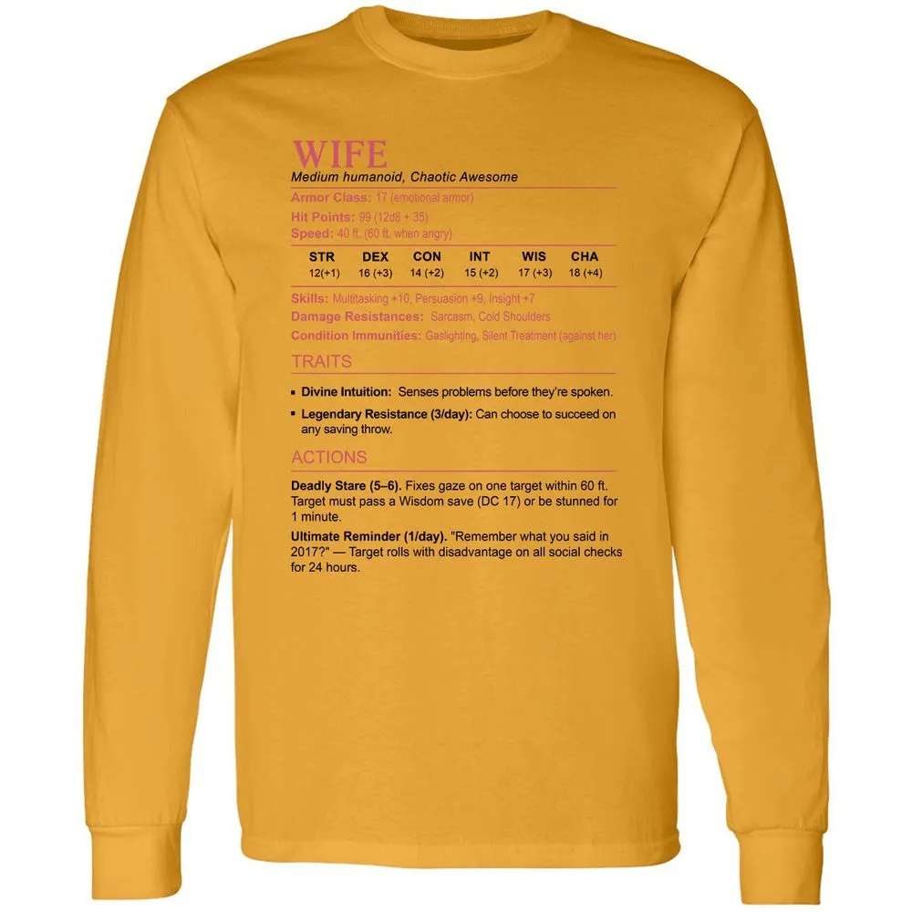 Wife Stats 2 Long Sleeve T-Shirt - Gold - 9