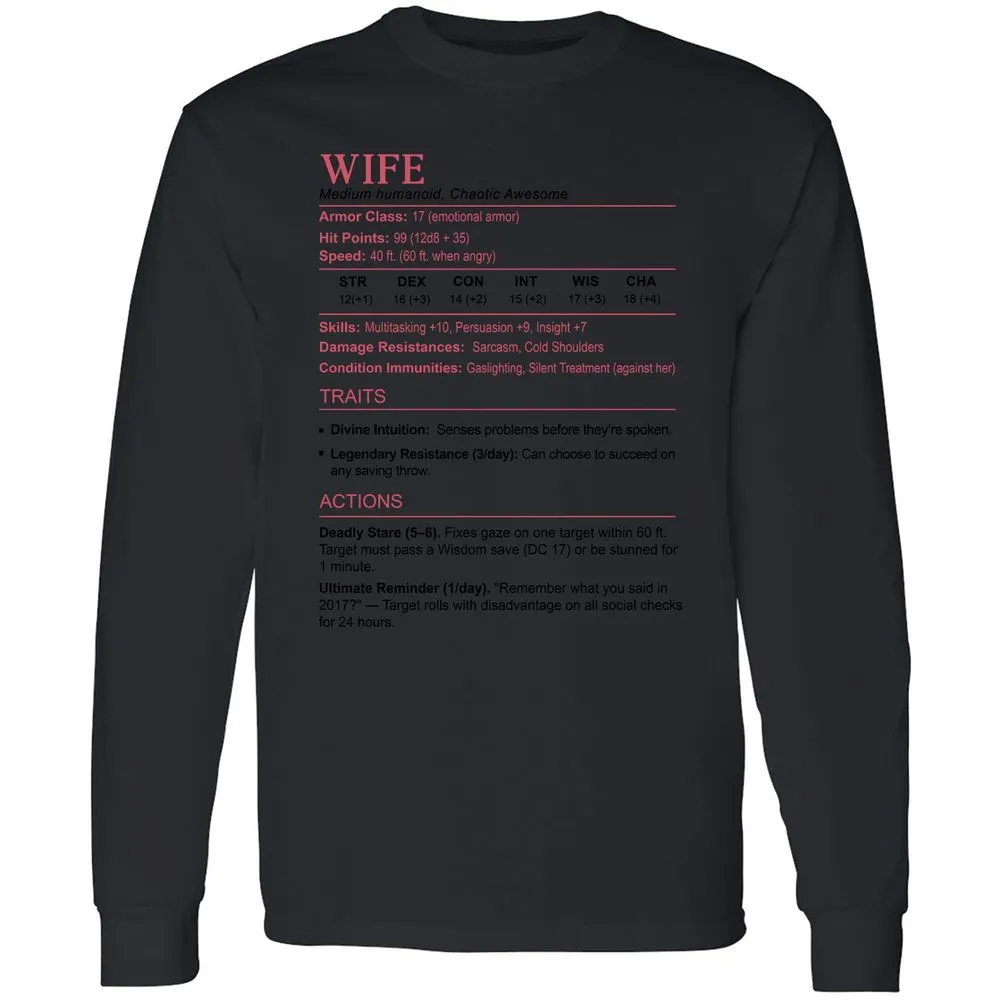Wife Stats 2 Long Sleeve T-Shirt - Black - 16