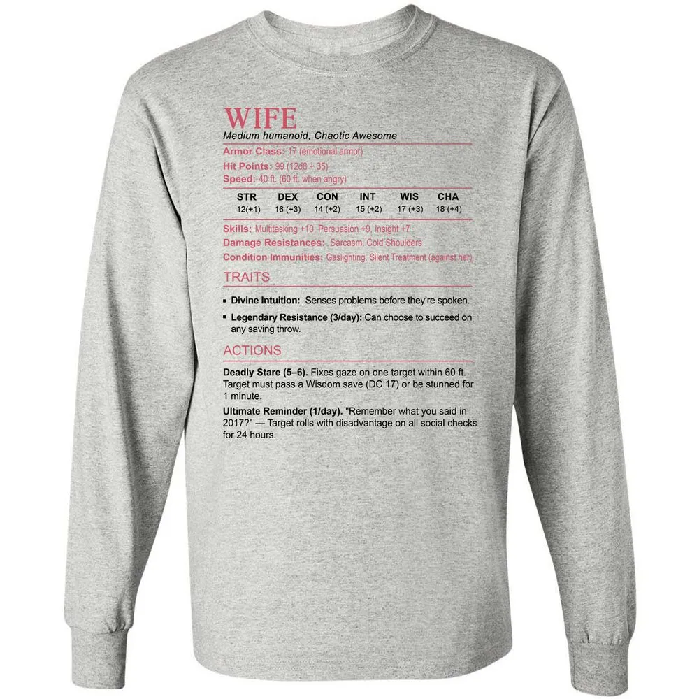 Wife Stats 2 Long Sleeve T-Shirt - Ash - 5