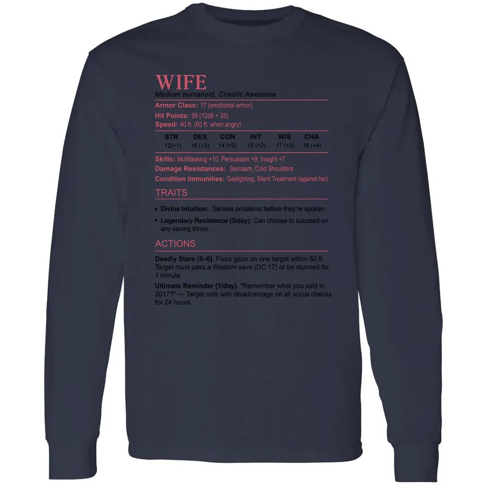 Wife Stats 2 Long Sleeve T-Shirt - Navy - 12