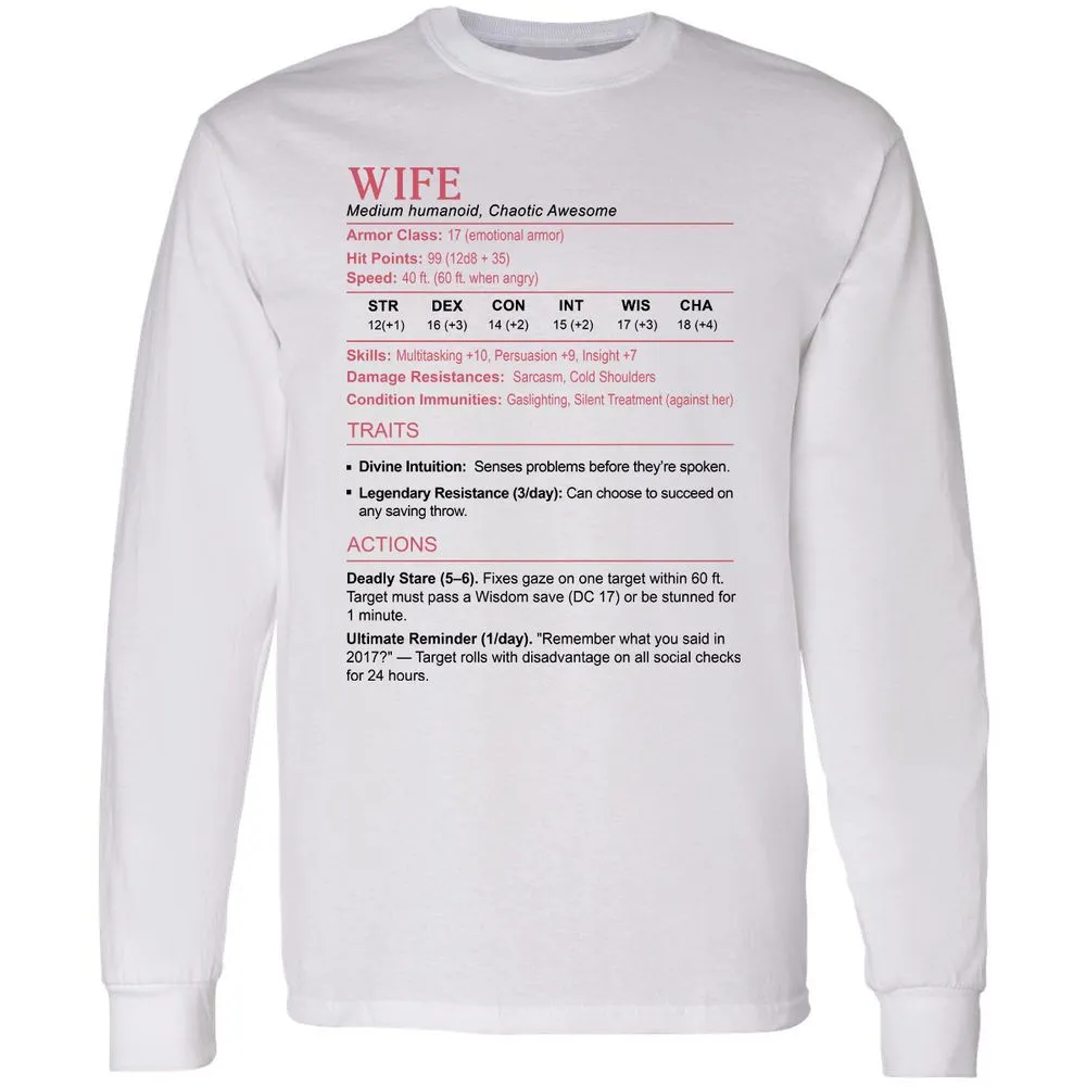 Wife Stats 2 Long Sleeve T-Shirt - White - 1
