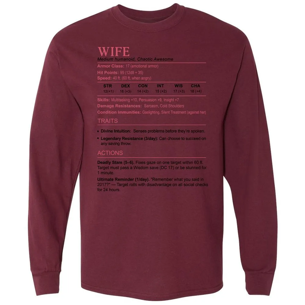 Wife Stats 2 Long Sleeve T-Shirt - Maroon - 11