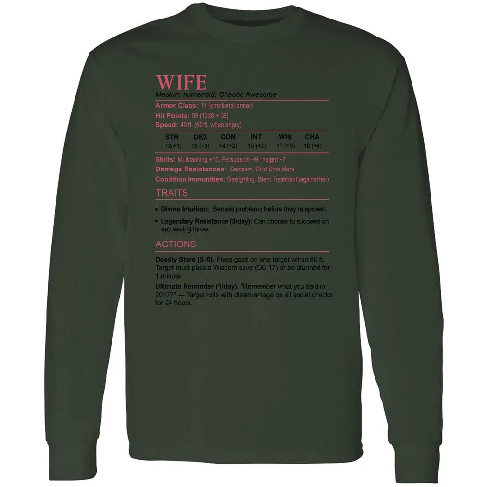 Wife Stats 2 Long Sleeve T-Shirt - Forest Green - 8