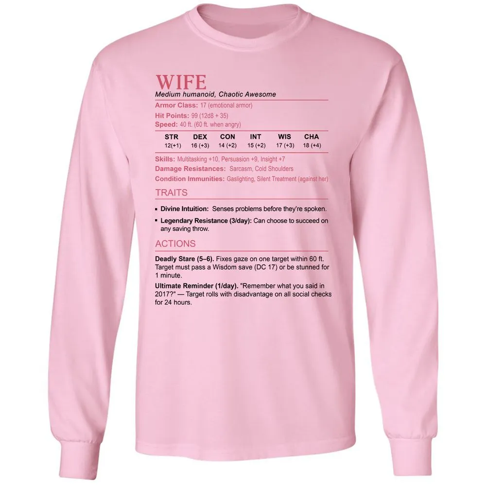 Wife Stats 2 Long Sleeve T-Shirt - Light Pink - 3