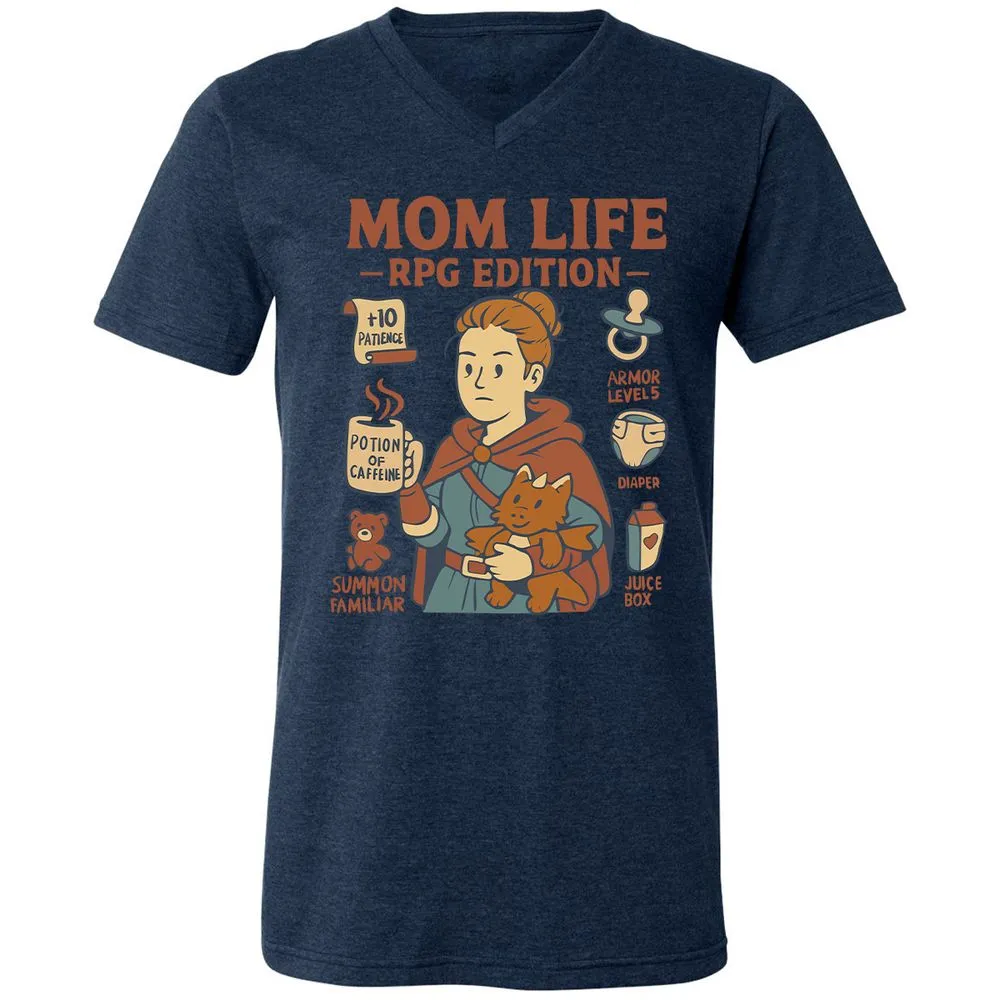 Mom Life RPG Edition Unisex V-Neck T-Shirt - Heather Navy - 15