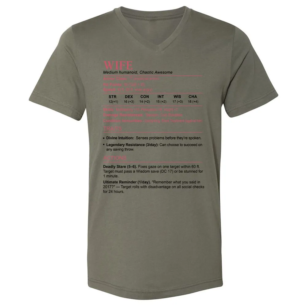 Wife Stats 2 Unisex V-Neck T-Shirt - Military Green - 10