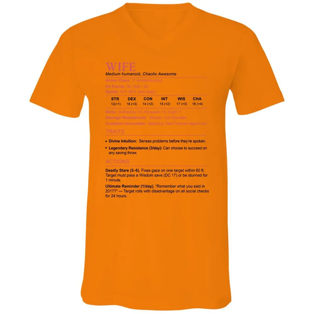 Wife Stats 2 Unisex V-Neck T-Shirt - Orange - 11