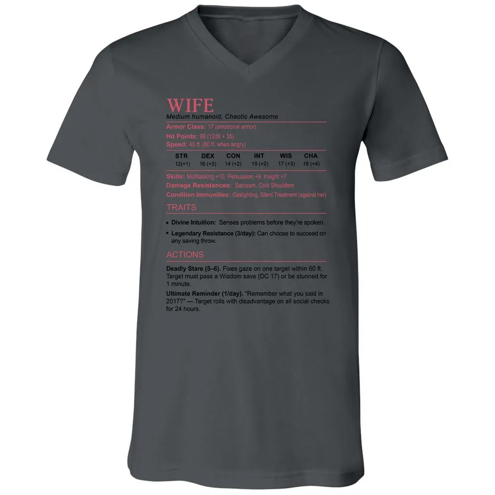Wife Stats 2 Unisex V-Neck T-Shirt - Asphalt - 12