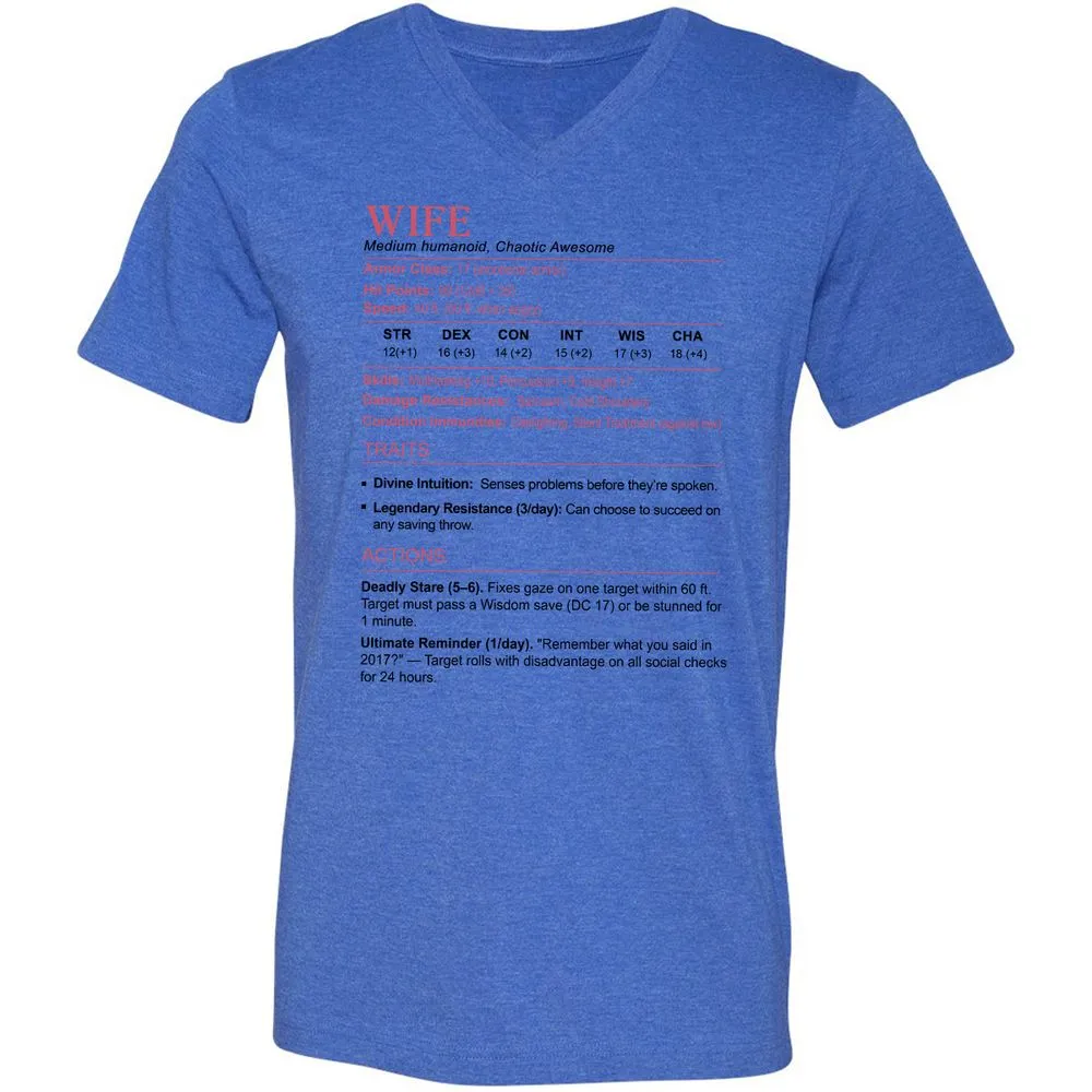 Wife Stats 2 Unisex V-Neck T-Shirt - Heather True Royal - 14