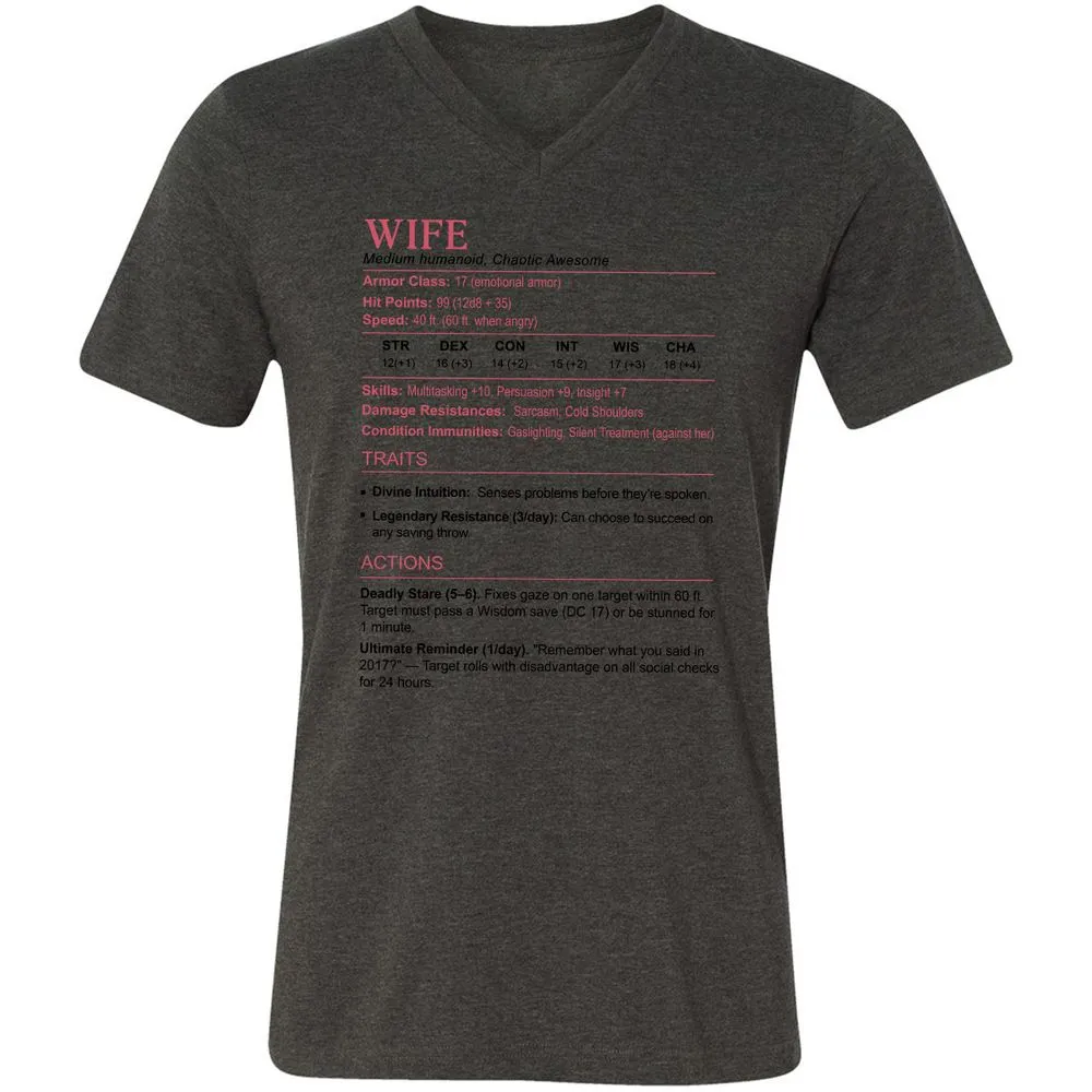 Wife Stats 2 Unisex V-Neck T-Shirt - Dark Grey Heather - 8