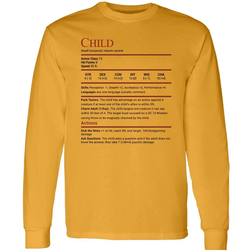 Child Stats Long Sleeve T-Shirt - Gold - 9