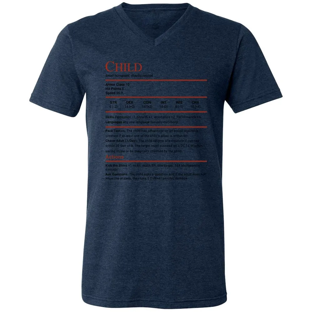 Child Stats Unisex V-Neck T-Shirt - Heather Navy - 15