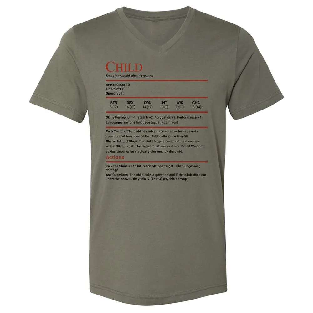 Child Stats Unisex V-Neck T-Shirt - Military Green - 10