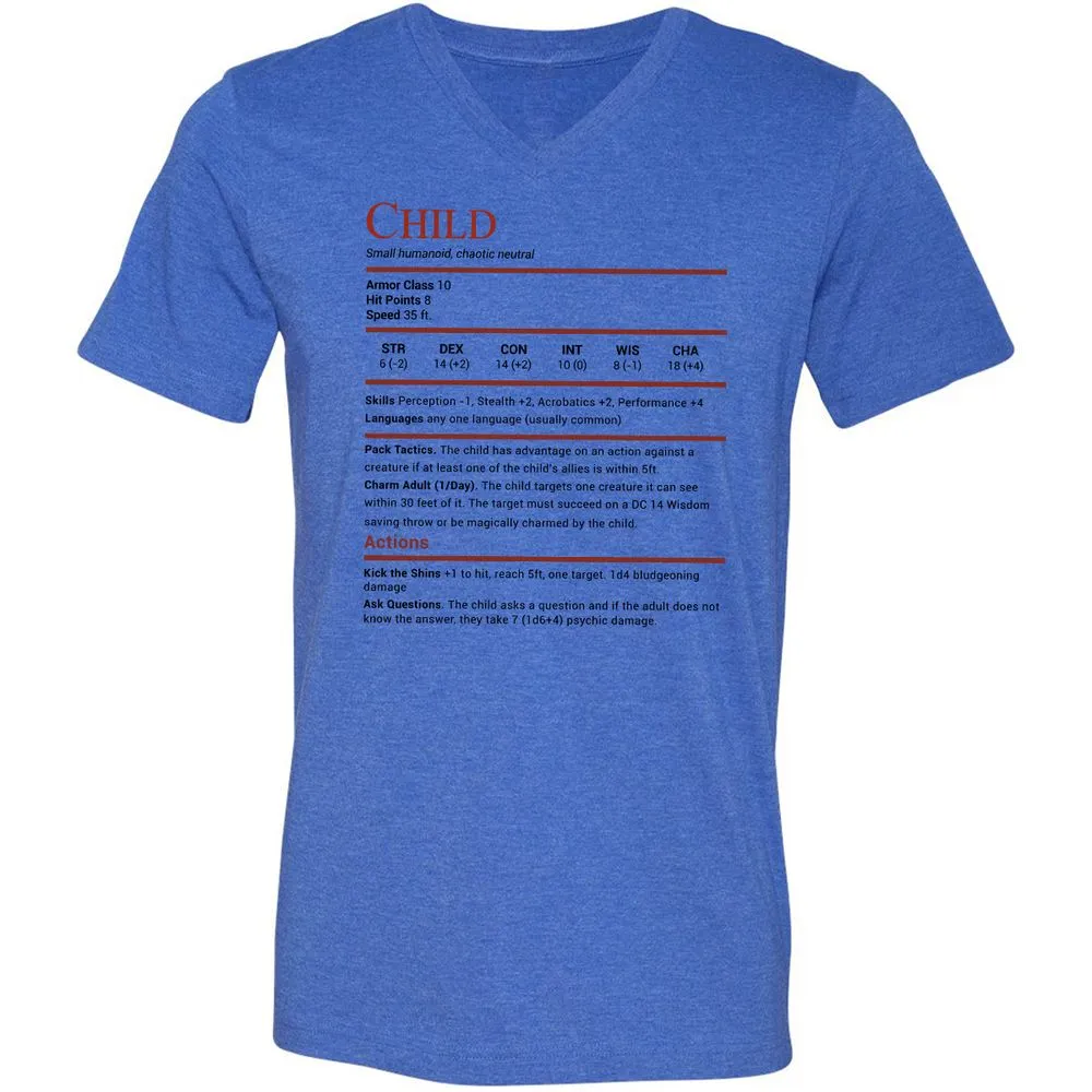 Child Stats Unisex V-Neck T-Shirt - Heather True Royal - 14