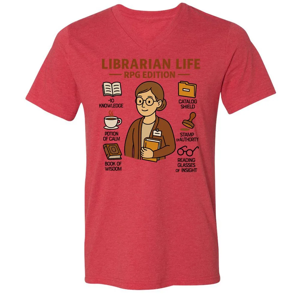 Librarian Life RPG Edition Unisex V-Neck T-Shirt - Heather Red - 5