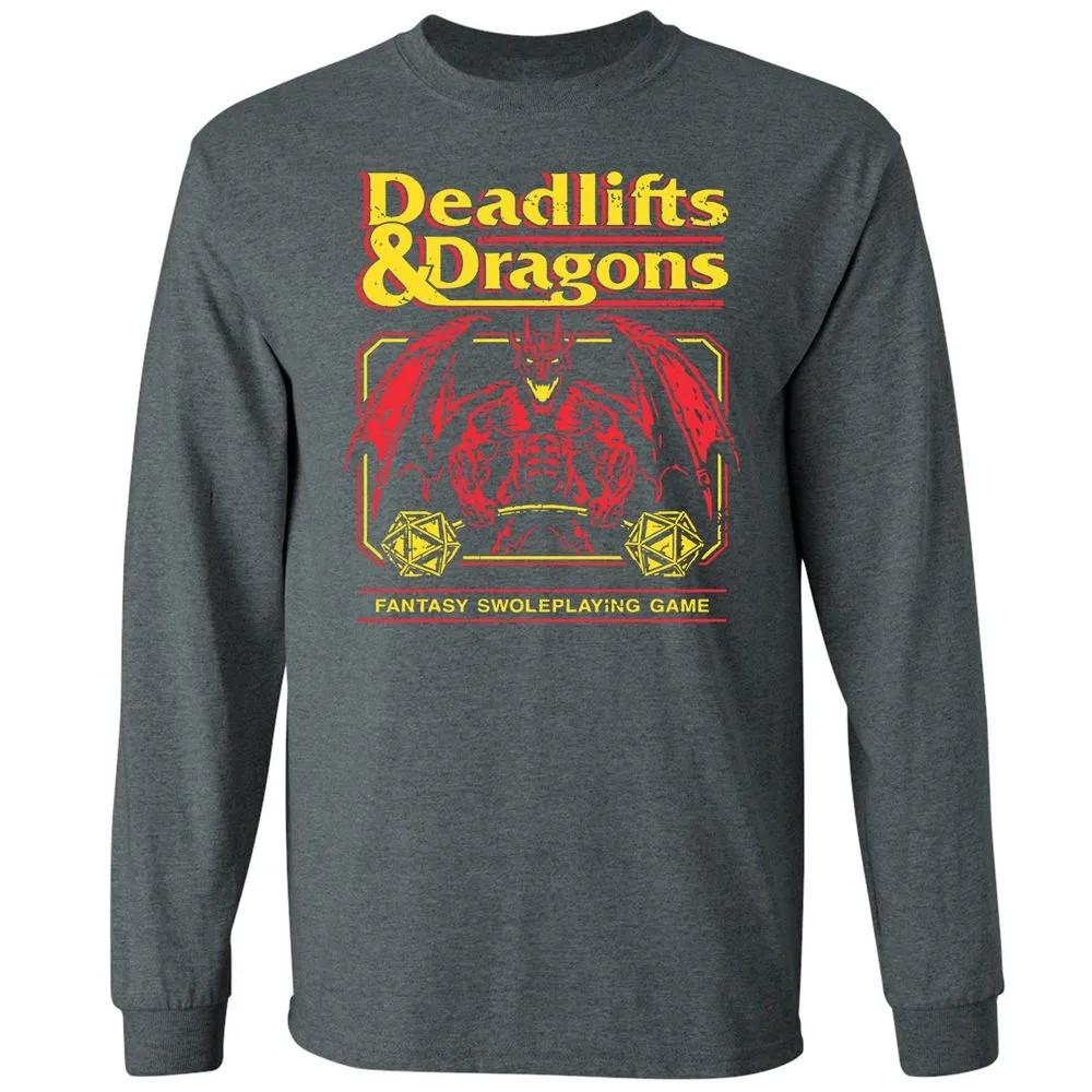 Deadlifts And Dragons Long Sleeve T-Shirt - Dark Heather - 15
