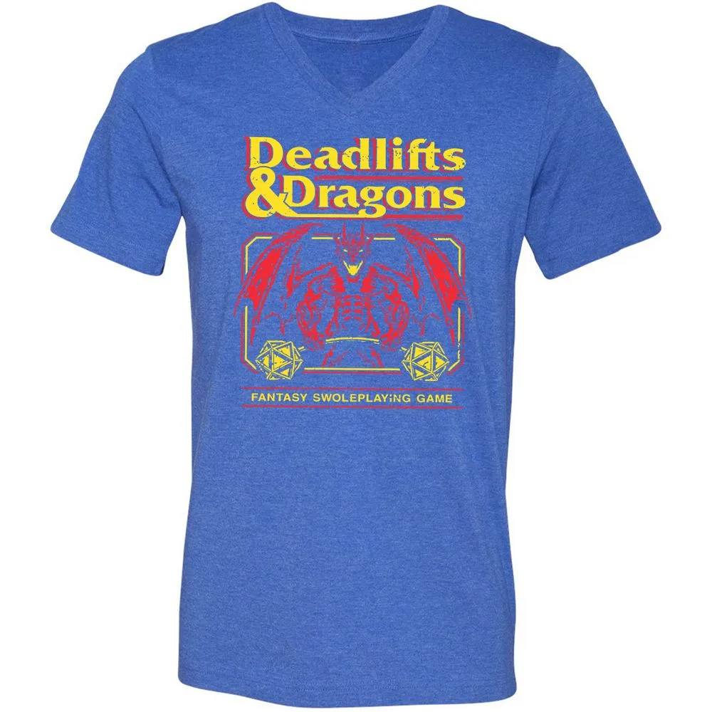 Deadlifts And Dragons Unisex V-Neck T-Shirt - Heather True Royal - 14