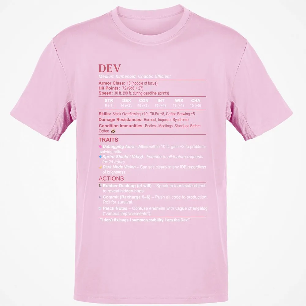 DEV Stats Classic Unisex T-Shirt - Light Pink - 5