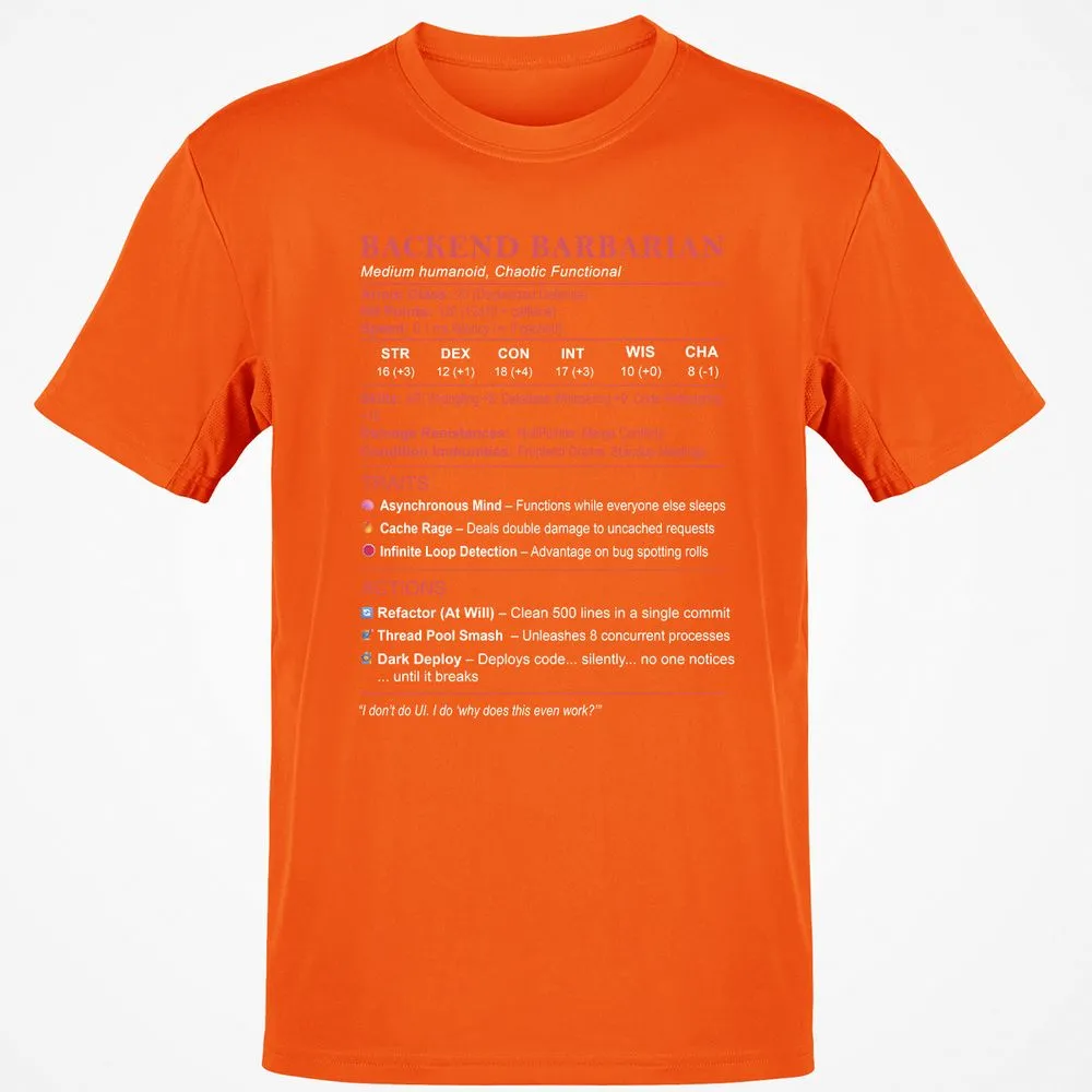 Backend Barbarian Stats Classic Unisex T-Shirt - Orange - 8