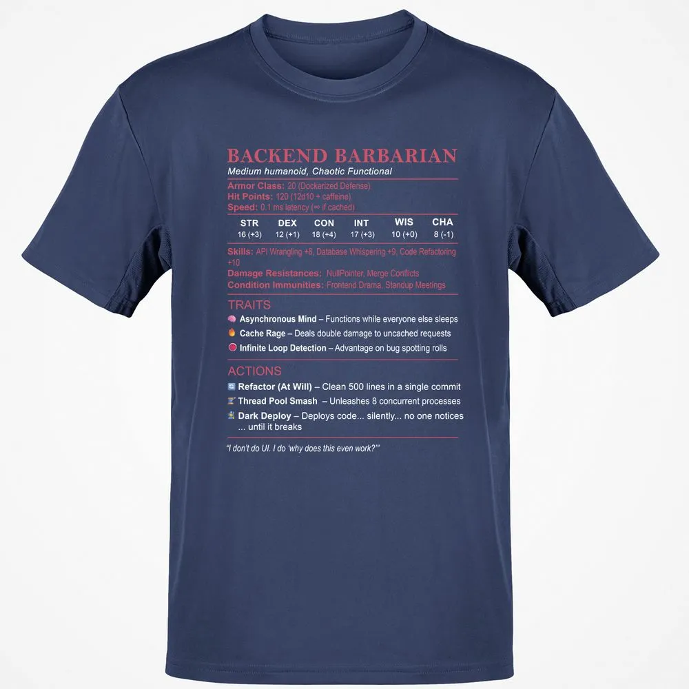 Backend Barbarian Stats Classic Unisex T-Shirt - Navy - 7