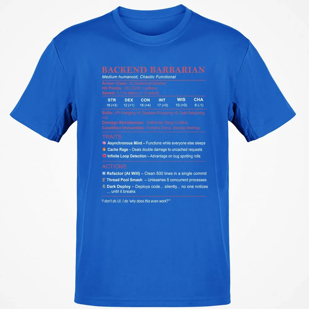 Backend Barbarian Stats Classic Unisex T-Shirt - Royal - 11