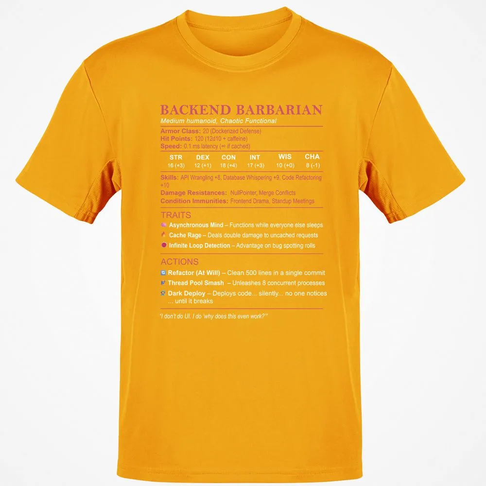 Backend Barbarian Stats Classic Unisex T-Shirt - Gold - 4