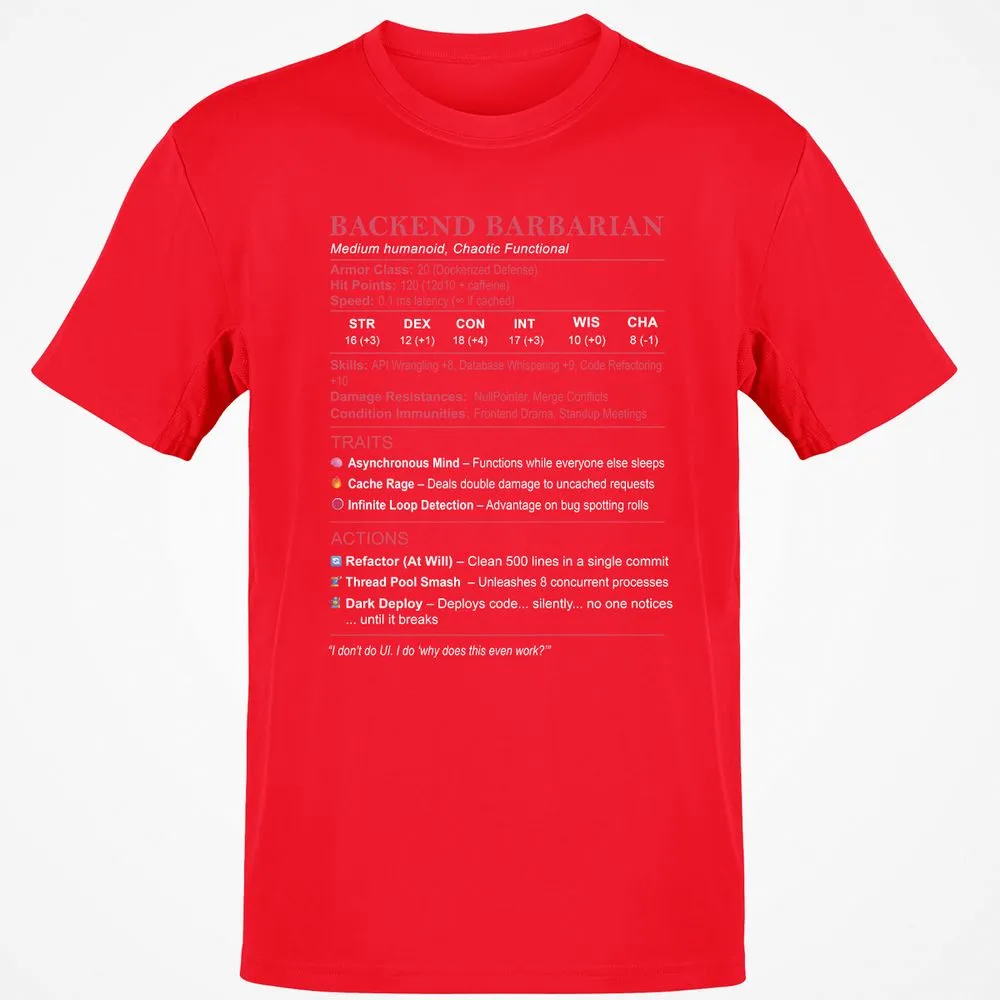 Backend Barbarian Stats Classic Unisex T-Shirt - Red - 10