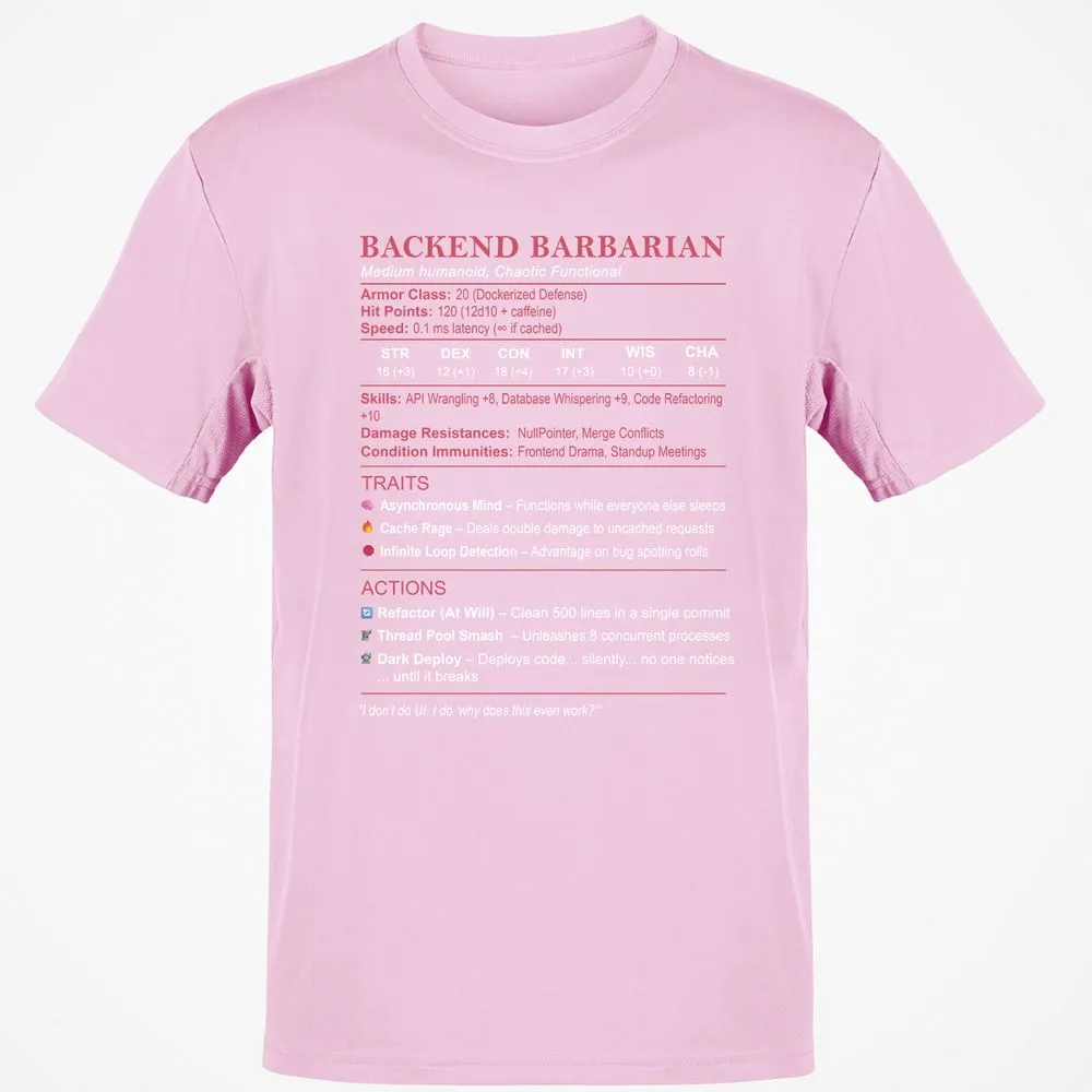 Backend Barbarian Stats Classic Unisex T-Shirt - Light Pink - 5