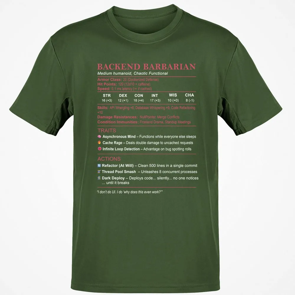 Backend Barbarian Stats Classic Unisex T-Shirt - Military Green - 6