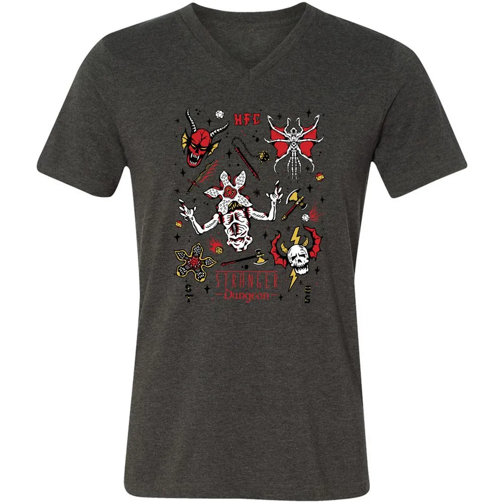 STRANGER DUNGEON Unisex V-Neck T-Shirt - Dark Grey Heather - 8