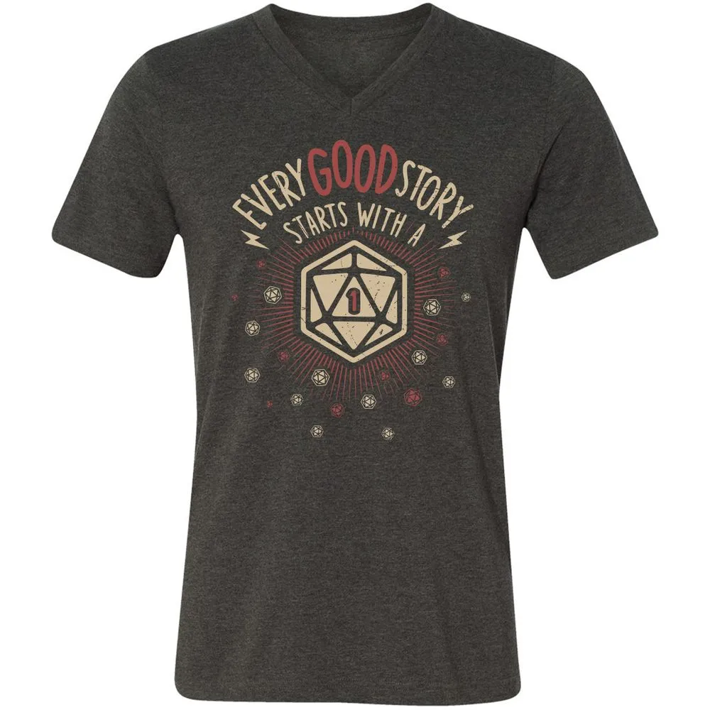 Good Story Starts With A 1 Unisex V-Neck T-Shirt - Dark Grey Heather - 8