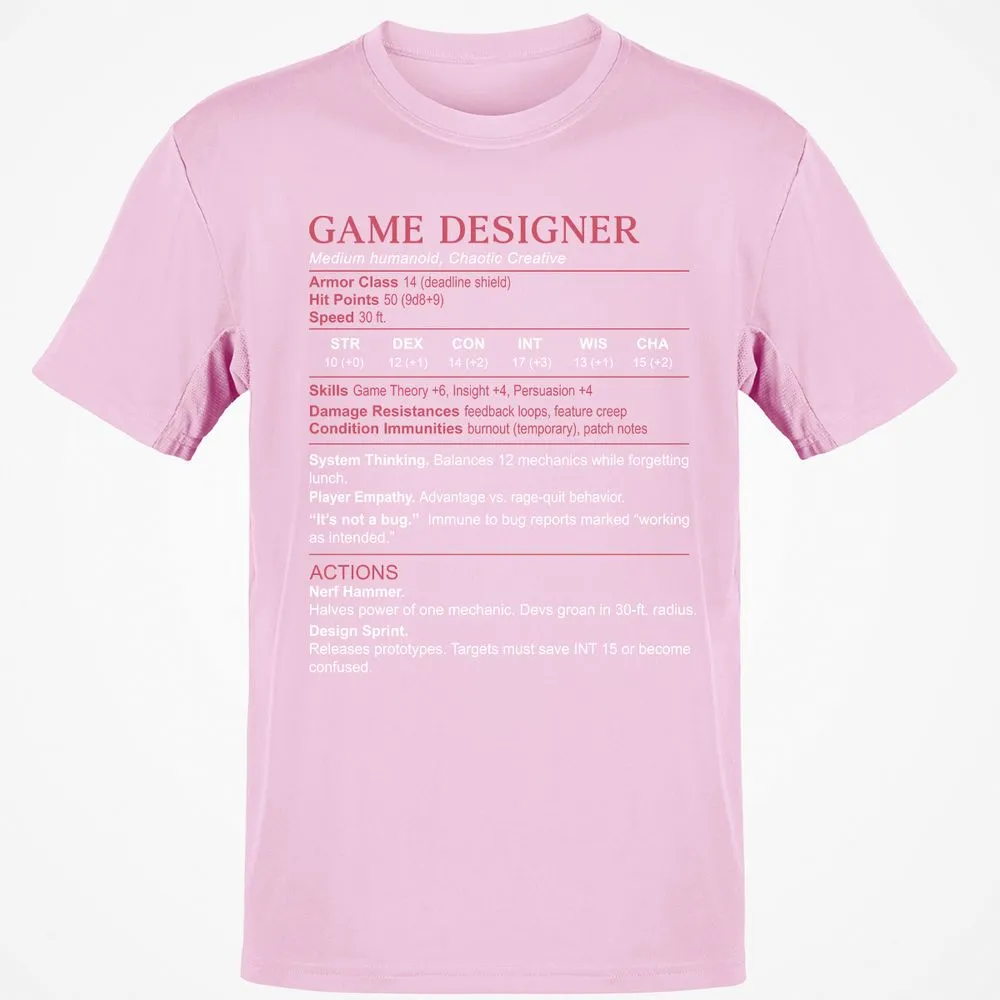 Game Designer Stats Classic Unisex T-Shirt - Light Pink - 5