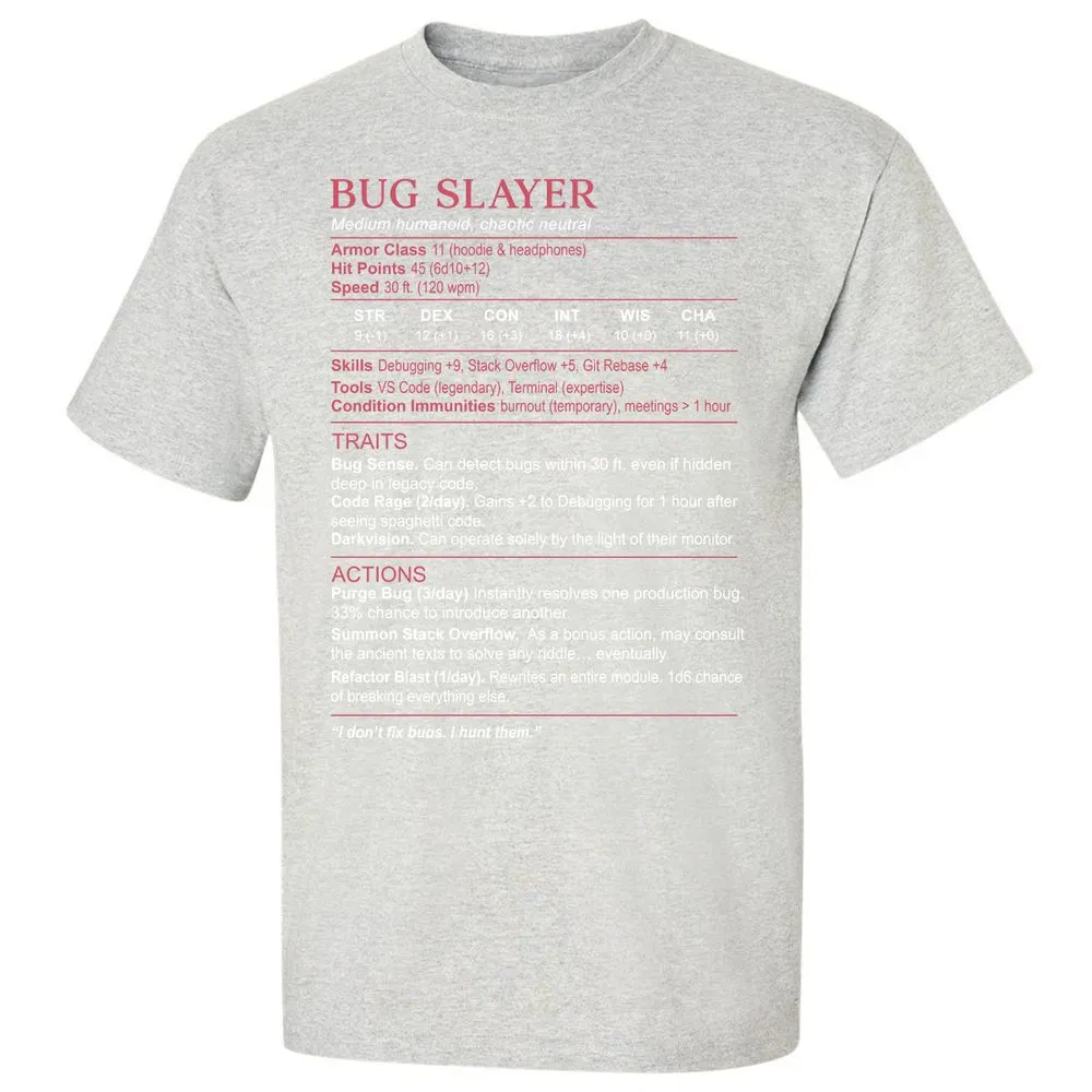 Software Engineer Stats (Bug Slayer) Classic Unisex T-Shirt - Ash - 2