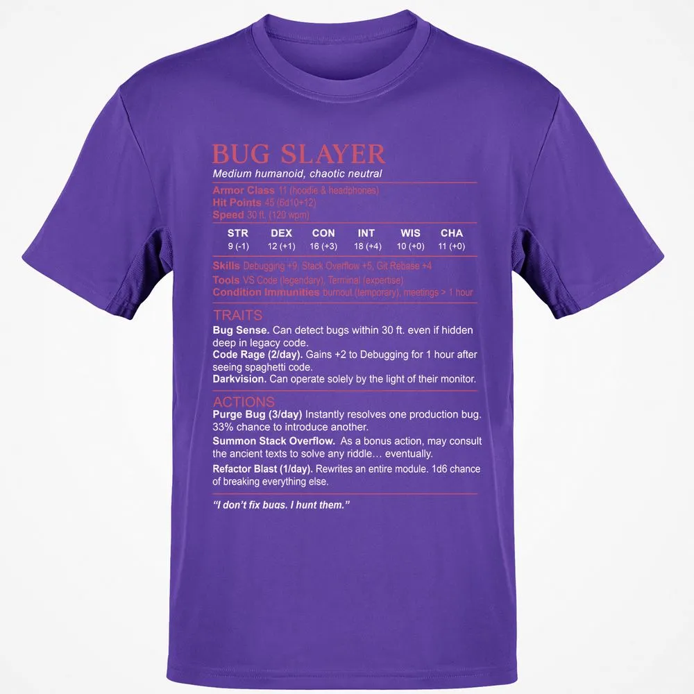 Software Engineer Stats (Bug Slayer) Classic Unisex T-Shirt - Purple - 9