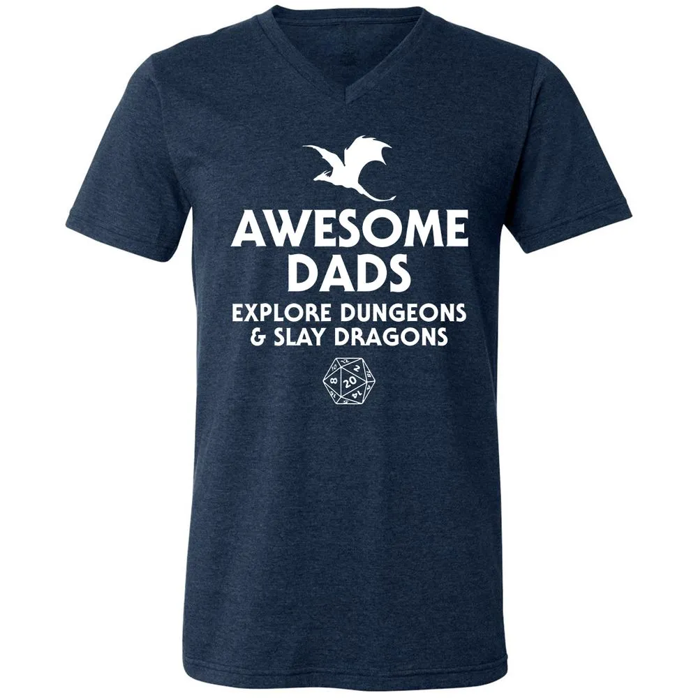 Awesome Dads Slay Dragons Unisex V-Neck T-Shirt - Heather Navy - 15