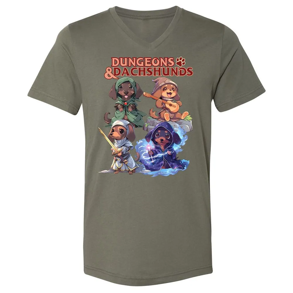 Dungeons & Dachshunds Unisex V-Neck T-Shirt - Military Green - 10