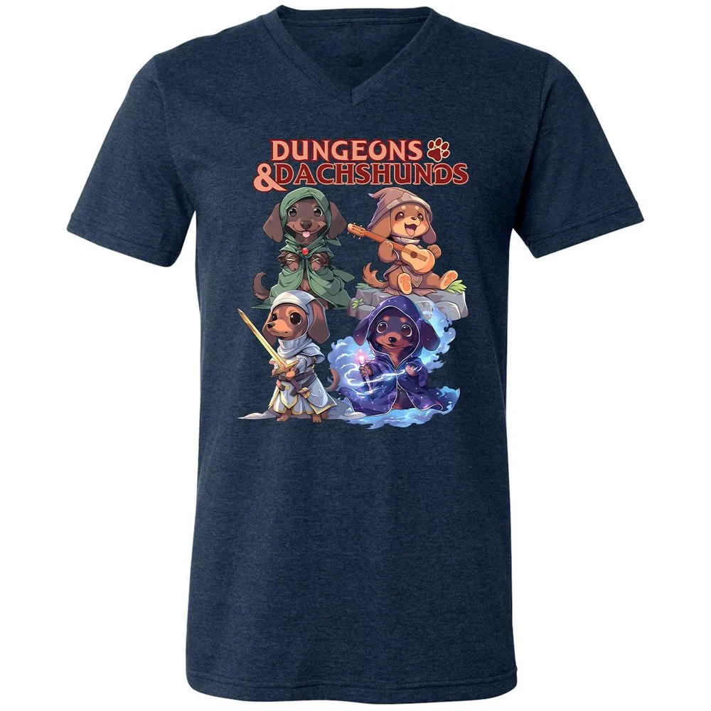 Dungeons & Dachshunds Unisex V-Neck T-Shirt - Heather Navy - 15