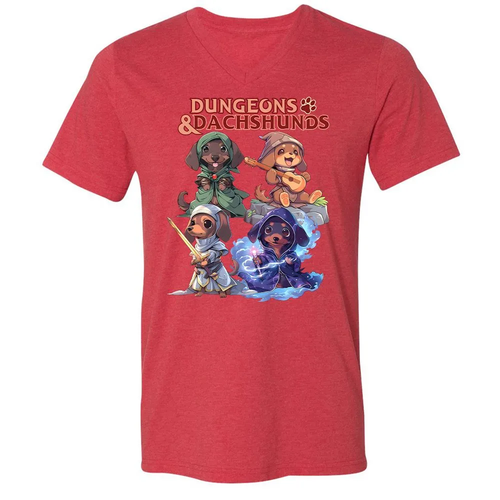 Dungeons & Dachshunds Unisex V-Neck T-Shirt - Heather Red - 16