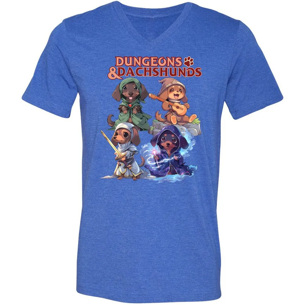Dungeons & Dachshunds Unisex V-Neck T-Shirt - Heather True Royal - 14