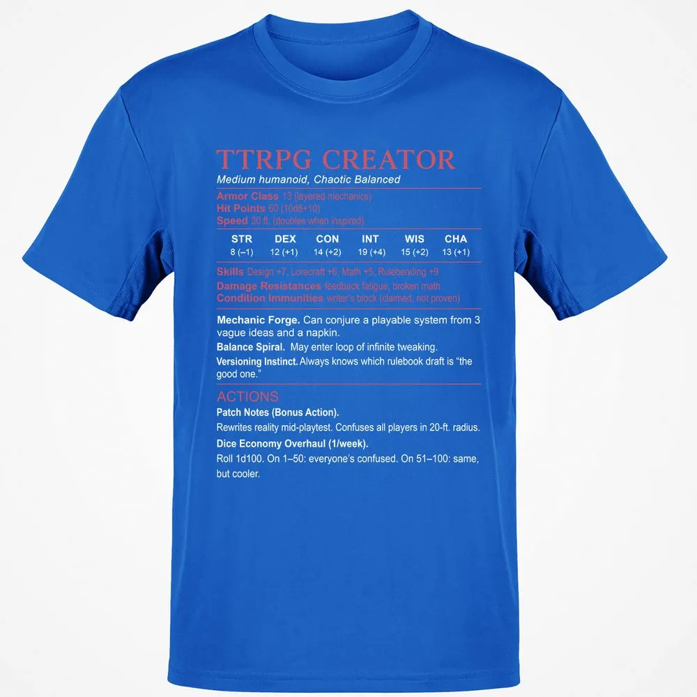 TTRPG Creator Stats Classic Unisex T-Shirt - Royal - 11